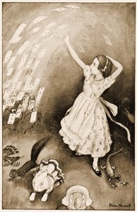 "Ante esto, todo el mazo se elevó en el aire", ilustración para Las aventuras de Alicia en el país de las maravillas de Lewis Carroll, 1901